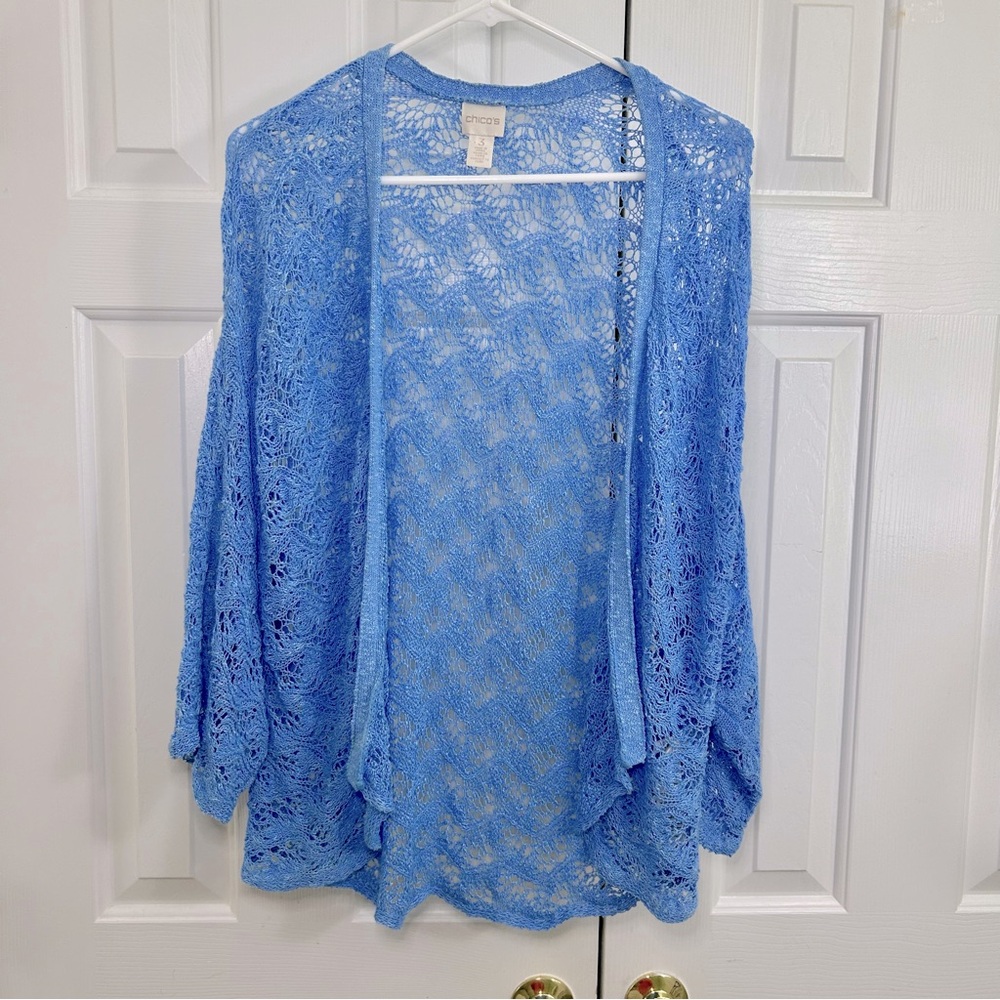 Chico's Linen & Cotton Blend Open Knit Drape Front Drop Shoulder Cardigan Sz XL